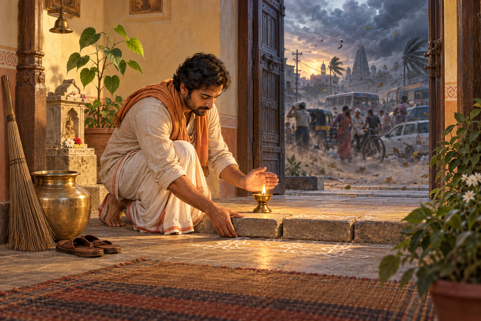 An Indian householder shields a small oil lamp while repairing a stone threshold at dawn, with a stormy and crowded town visible beyond the courtyard gate.