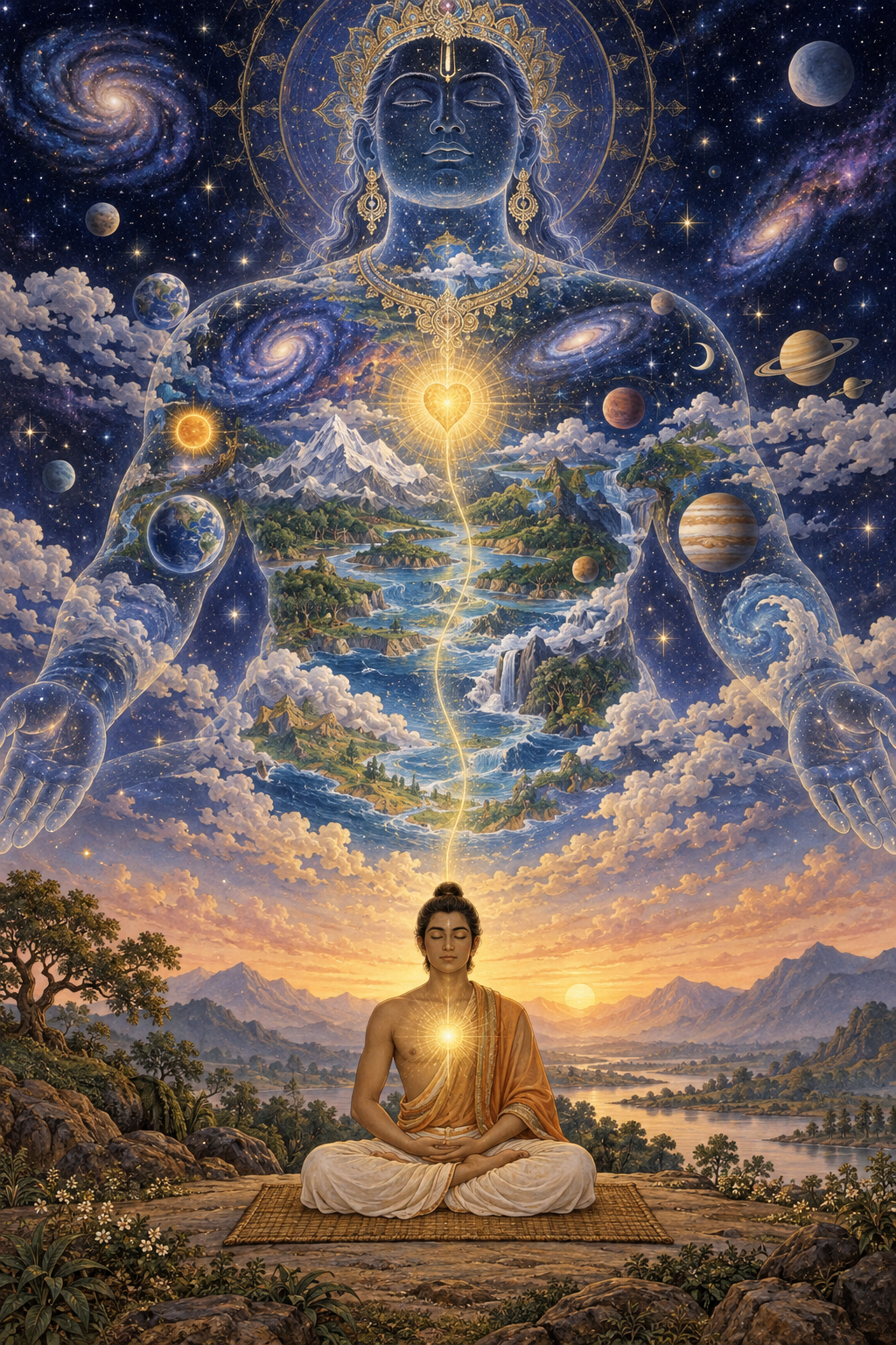 A seated practitioner meditates beneath a luminous cosmic person whose form contains stars, planets, mountains, rivers, and galaxies.