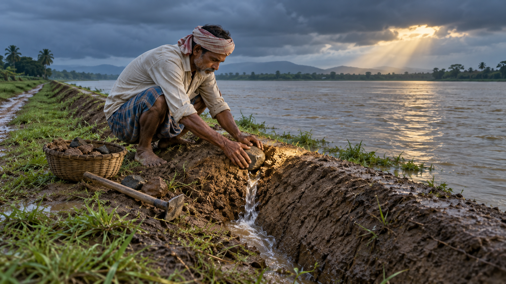 A village caretaker repairs one small crack in a rain-soaked irrigation embankment while a broad waterway stretches behind him.