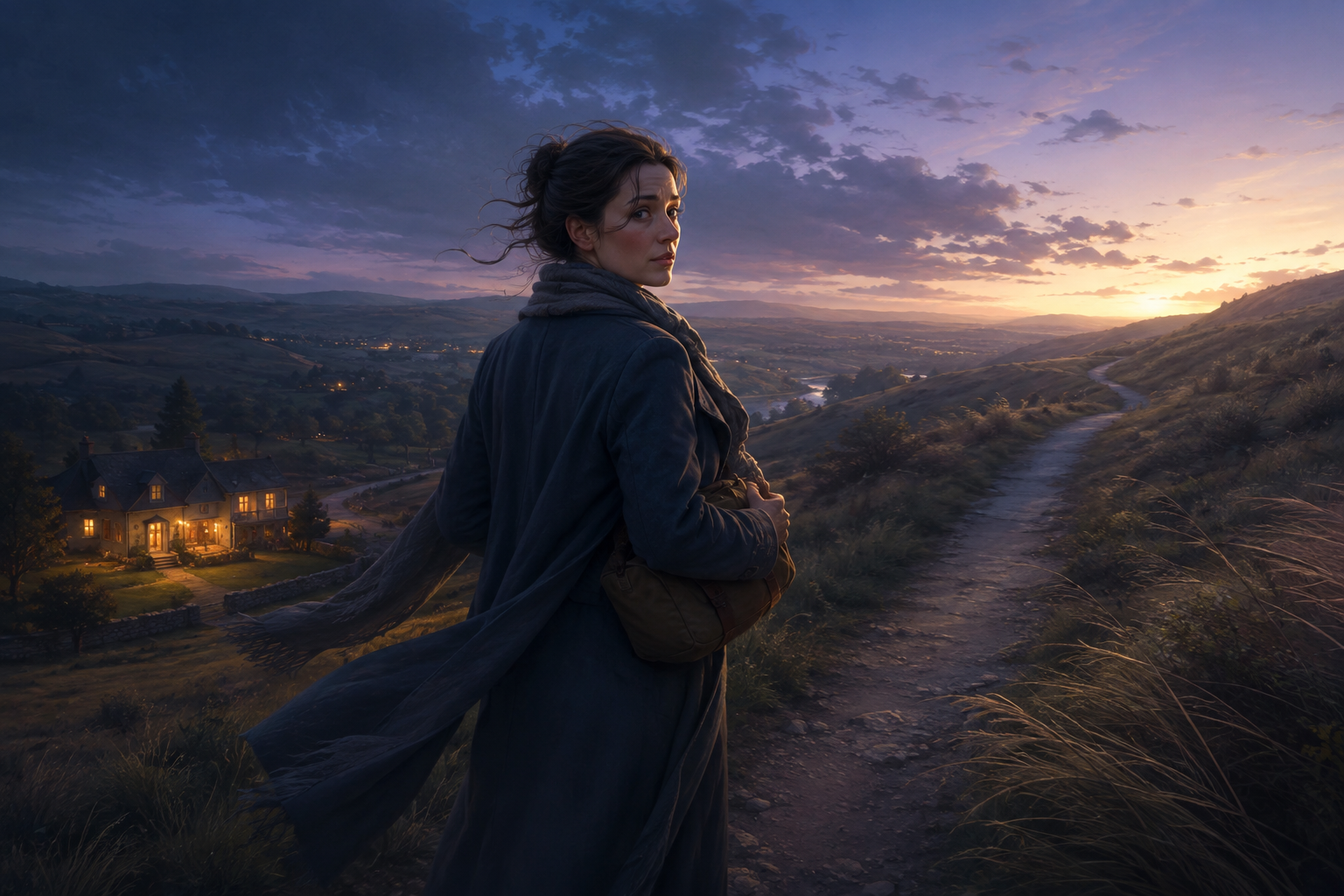 An adult on a hillside path looks back toward a warmly lit home in the valley while holding a small travel bag.