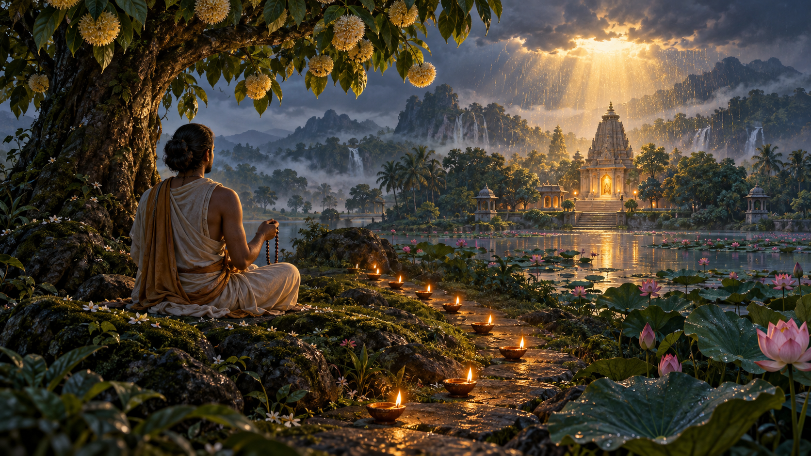 A practitioner with prayer beads sits beneath a flowering kadamba tree as nine oil lamps curve toward a radiant temple at dawn.