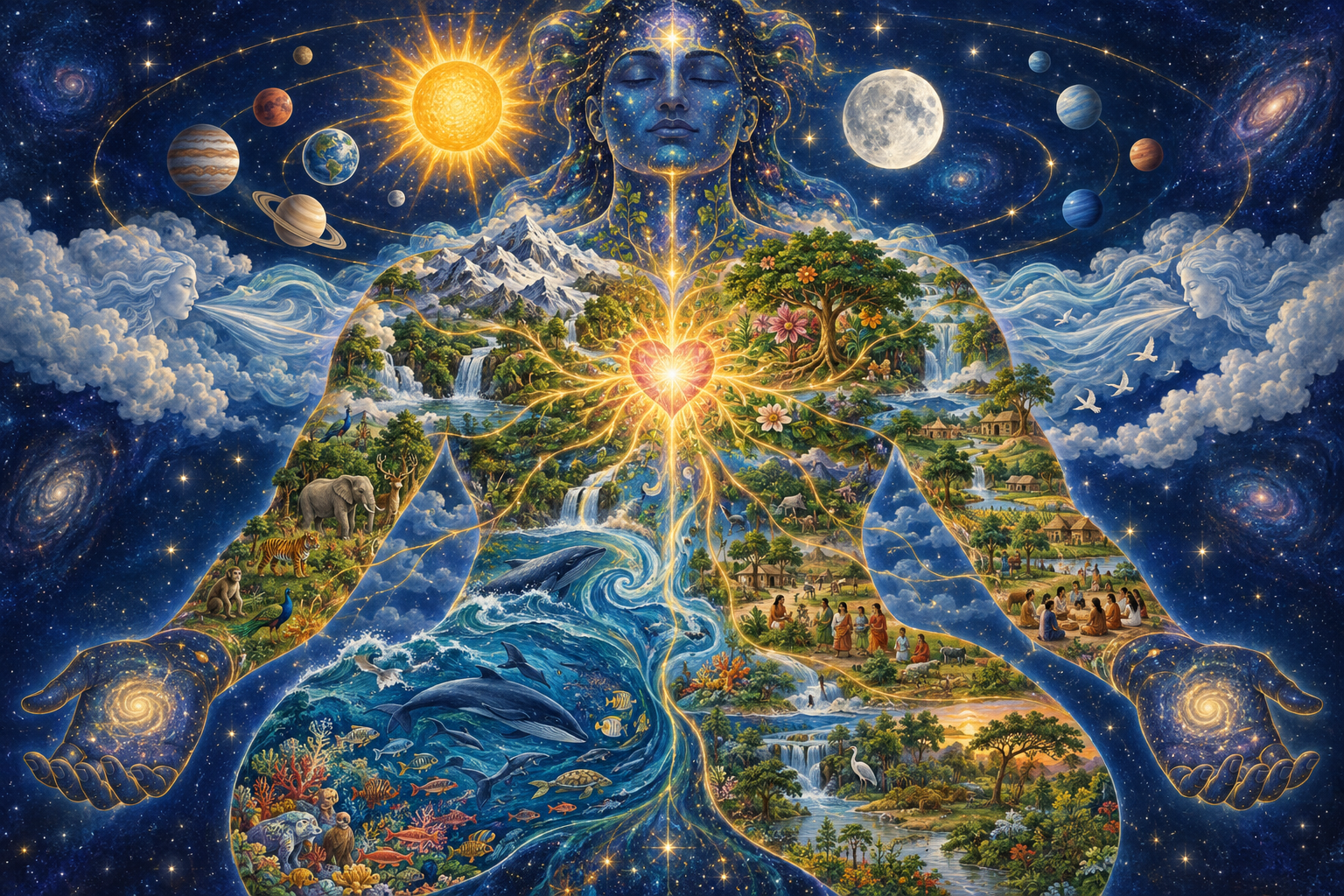 A cosmic human figure contains the sun, moon, planets, mountains, waters, plants, animals, and people connected by golden currents.