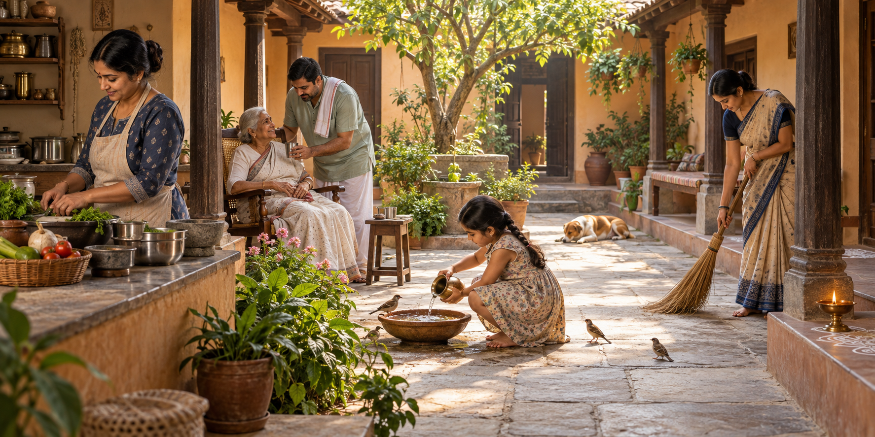 Members of a multigenerational Indian household cook, care for an elder, give water to birds, and sweep a courtyard in the early morning.