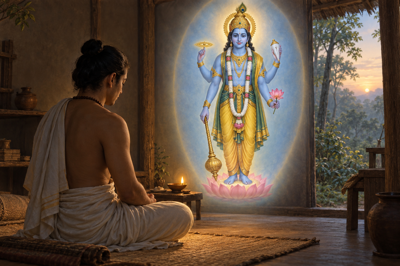 A devotee meditates beside an oil lamp while a luminous four-armed divine form appears within a focused field of contemplation.