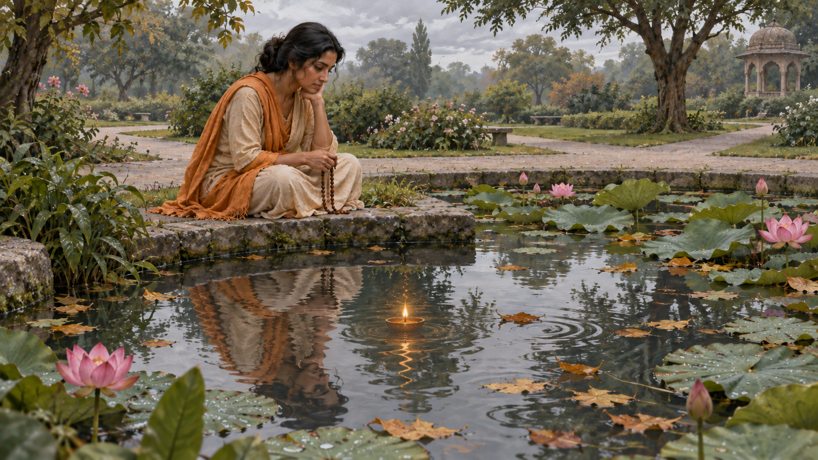 A practitioner holding prayer beads studies the reflection of a wavering lamp in a lotus pond beside several level garden paths.