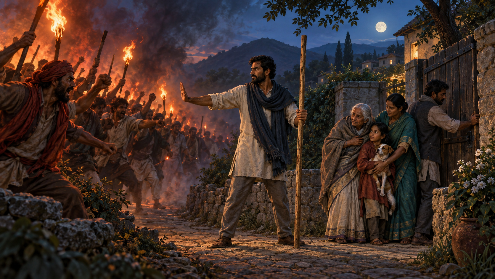 An unarmed guardian sets a boundary with an upright staff while neighbors close a gate and lead an elder, child, and animal away from an angry torch-bearing crowd.