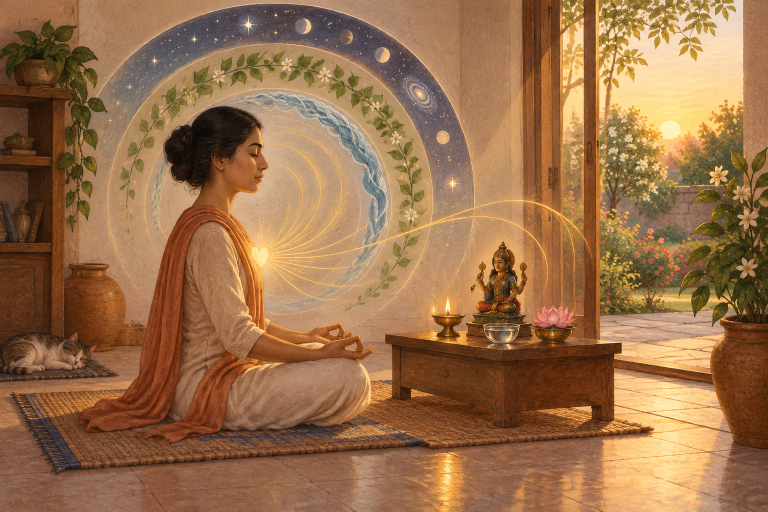A practitioner sits at dawn before a simple lamp-lit altar as subtle patterns of stars, leaves, water, and golden arcs converge around the heart.