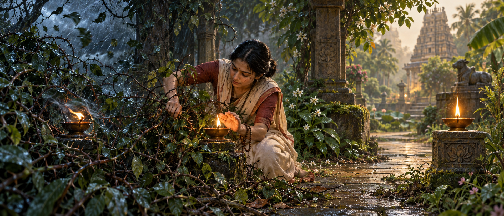 A devotee clears tangled vines around an oil lamp as the garden changes from windswept disorder to a steady illuminated path.