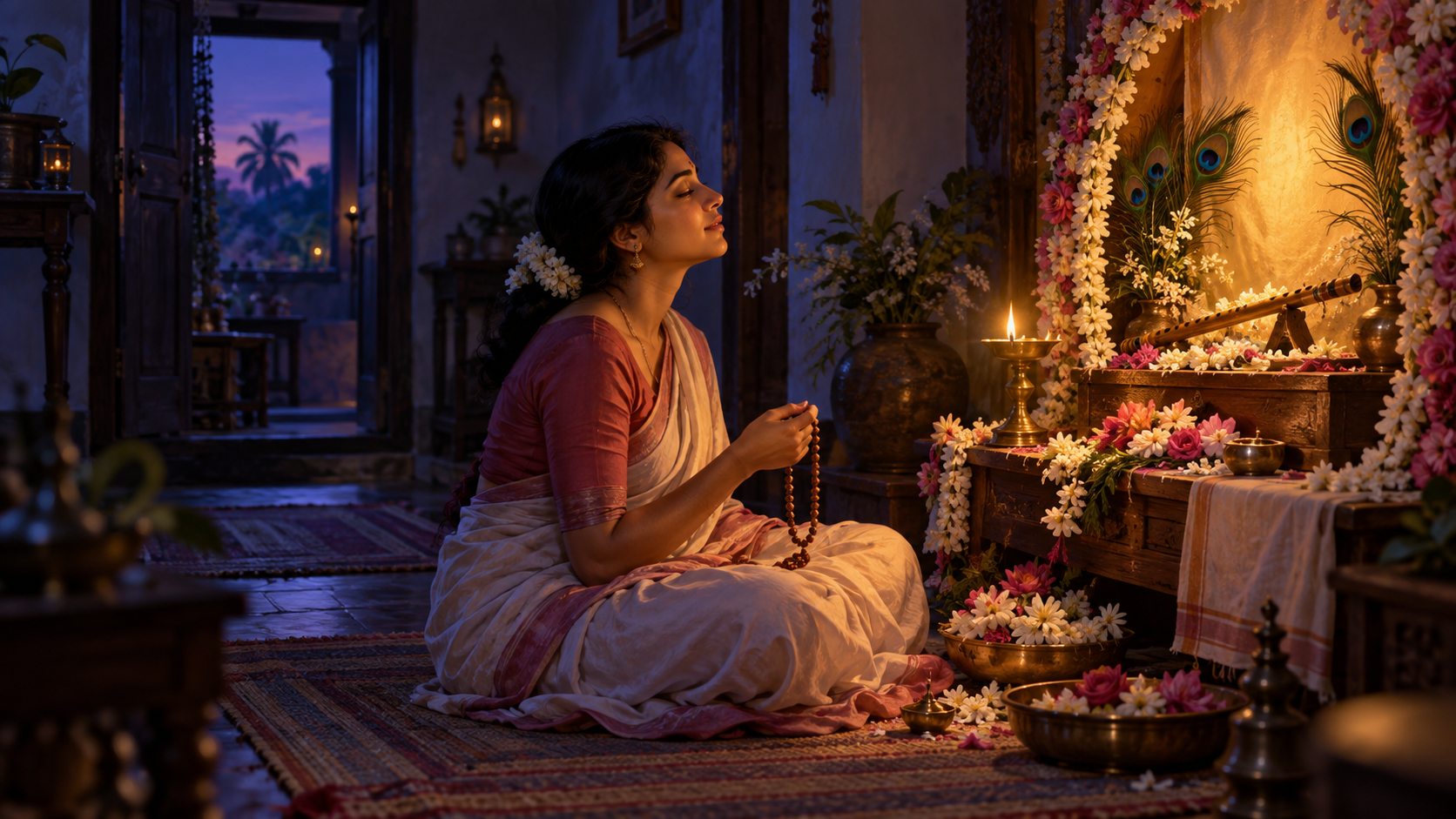 A practitioner chants with prayer beads before a flower-covered shrine illuminated by a steady lamp at twilight.