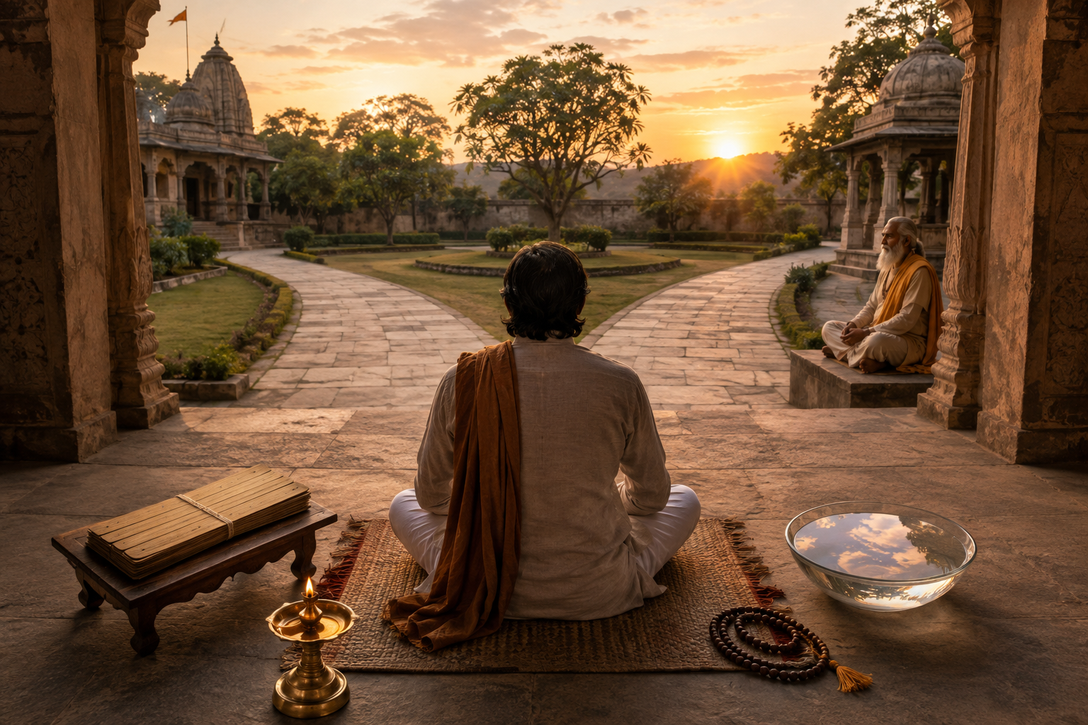 A contemplative person sits in a temple courtyard surrounded by a palm-leaf manuscript, an oil lamp, prayer beads, a teacher, and a bowl reflecting the sky.