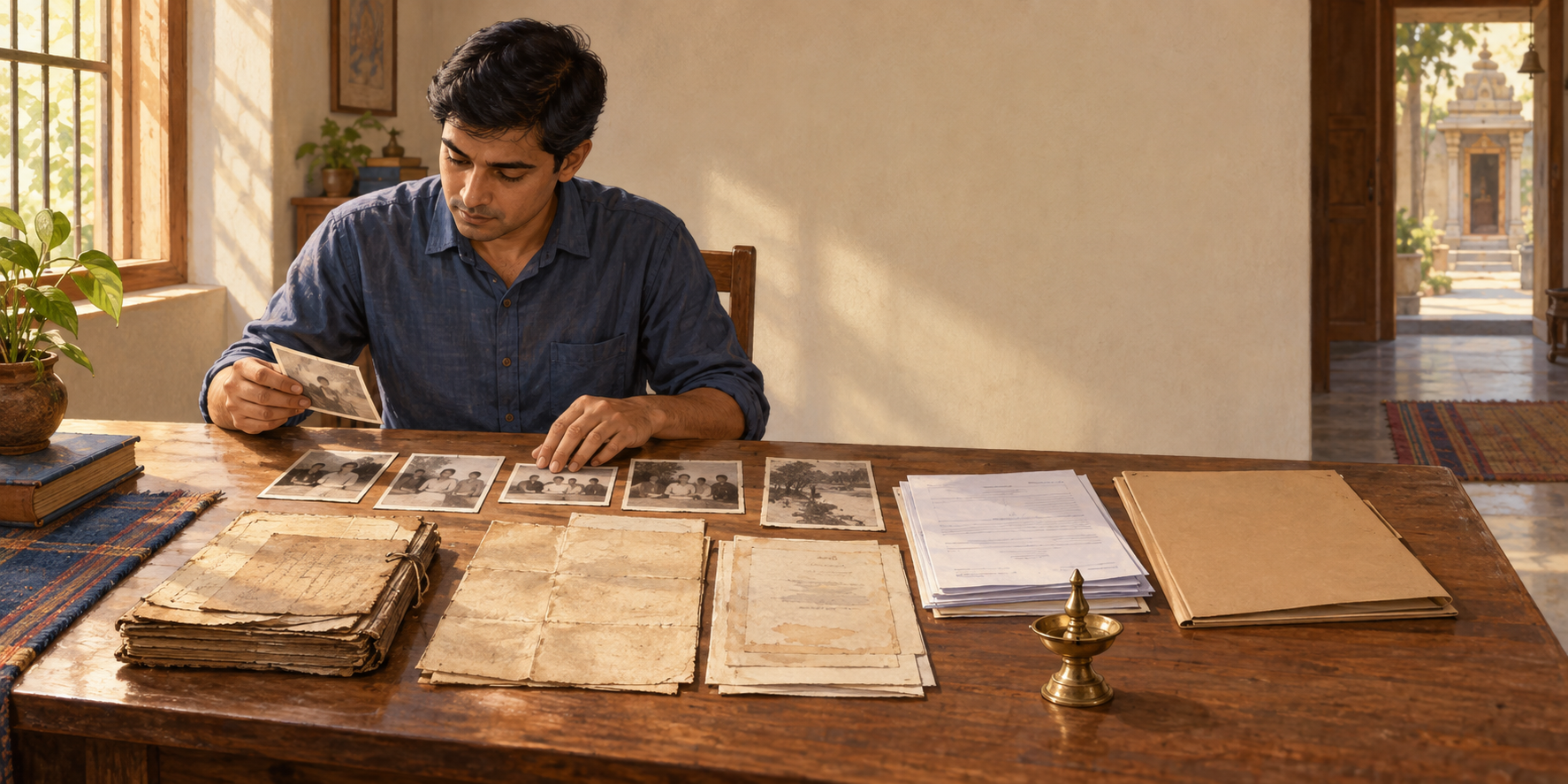 An applicant arranges family photographs and official papers on a wooden table, with a brass lamp and a distant temple doorway in the background.