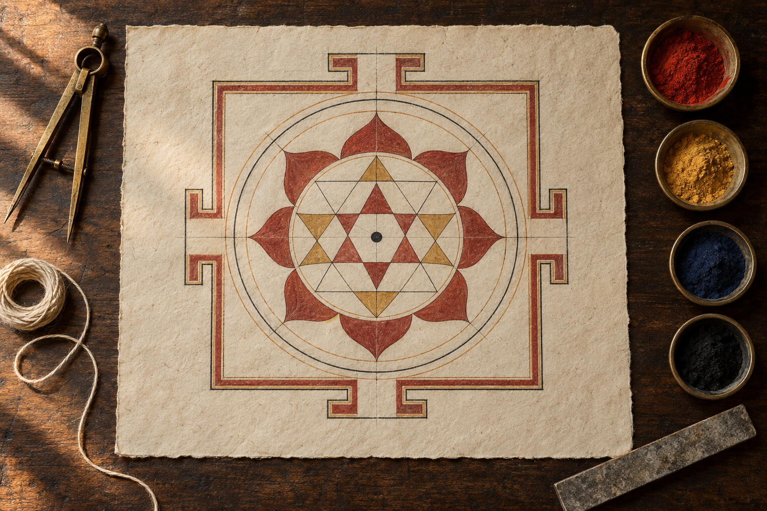 An overhead view of a hand-drawn geometric diagram with a central point, triangles, lotus petals, circles and a four-gated square, surrounded by traditional drawing tools and pigments.