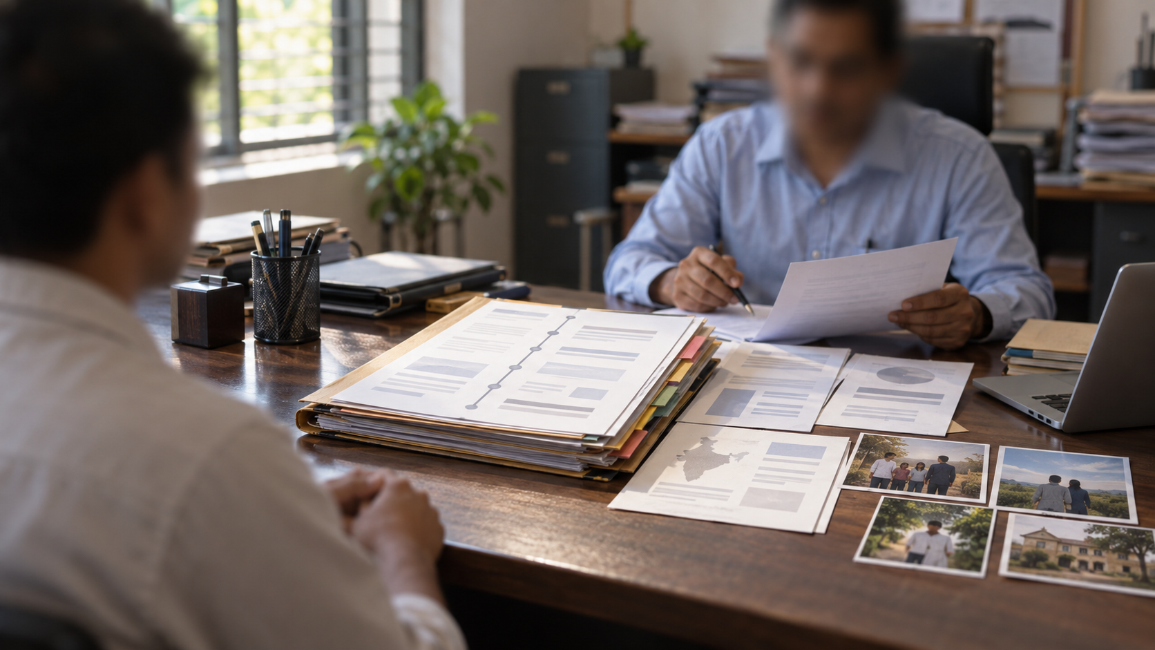 An applicant and an official sit across a desk while a folder of supporting records and family photographs is shown in sharp focus between them.