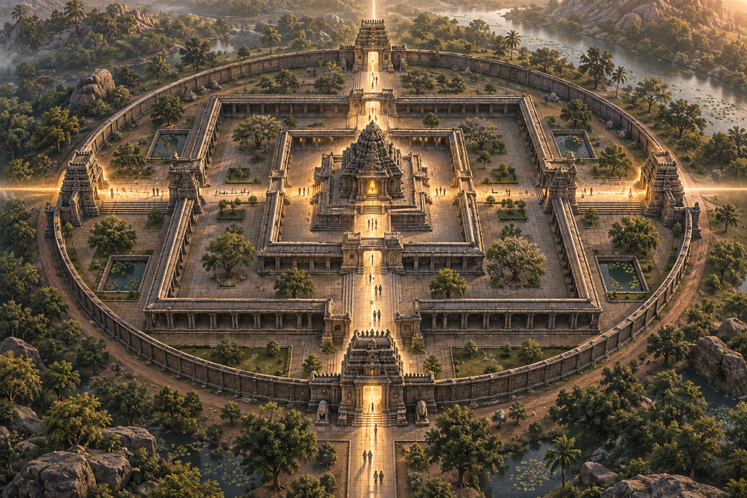 A cutaway view of a stone temple complex with a central sanctum, nested courtyards, four entrances and paths leading inward from a circular outer boundary.