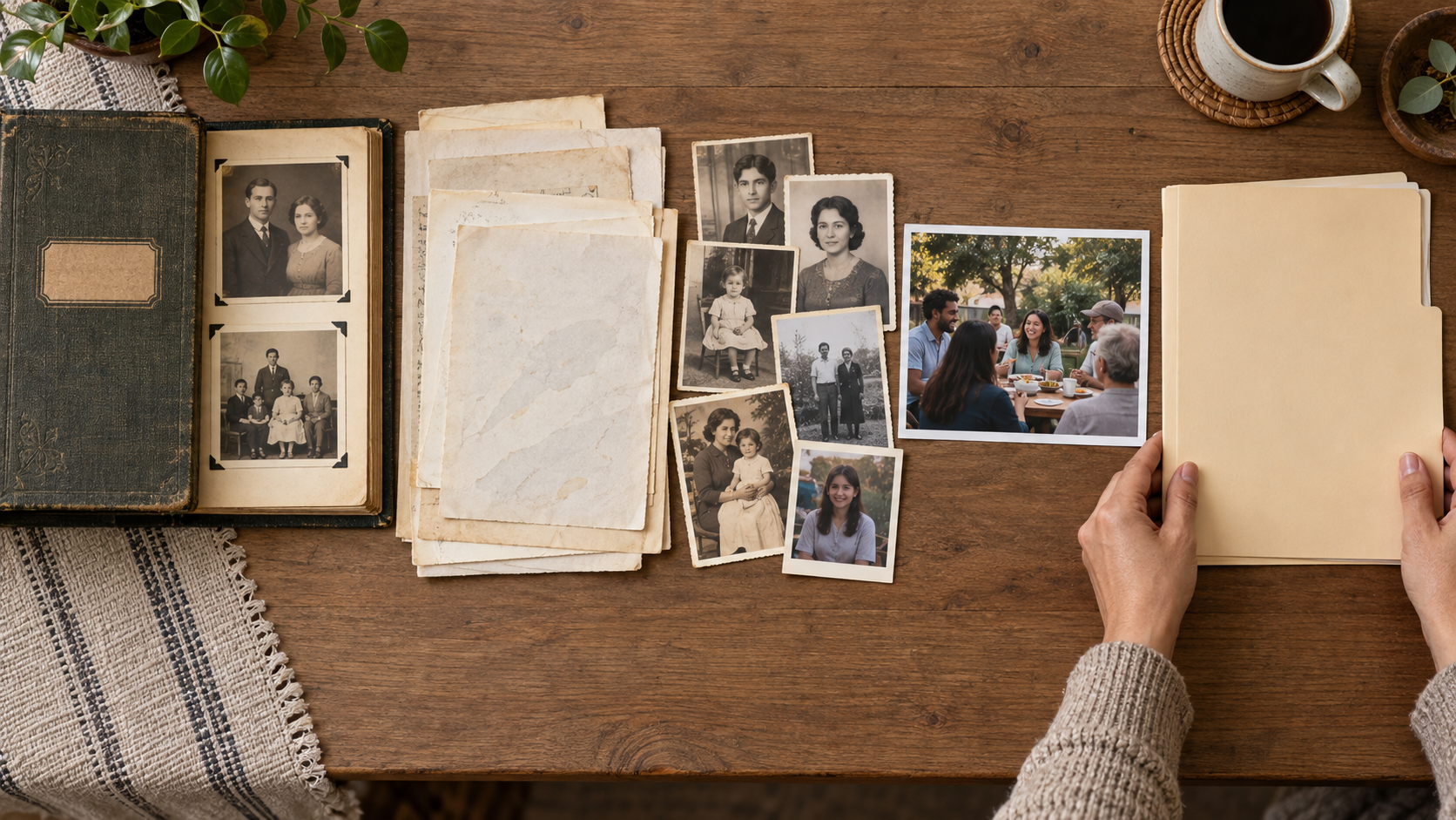 Hands organize old records, family photographs, a community gathering photo, and a current application folder into a chronological sequence on a table.