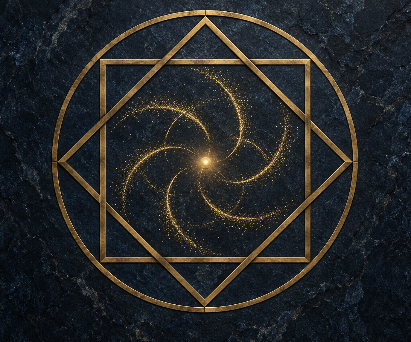 Two overlapping squares, one straight and one rotated, form eight directional points inside a circle around a luminous central point.