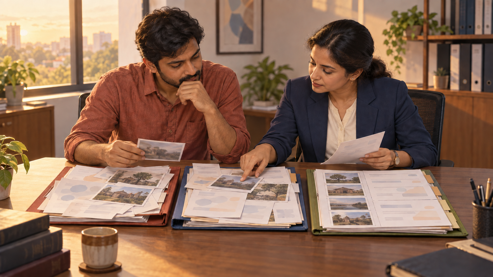 An applicant and a legal aide compare two inconsistent-looking folders beside a third folder whose photographs and papers have been organized chronologically.