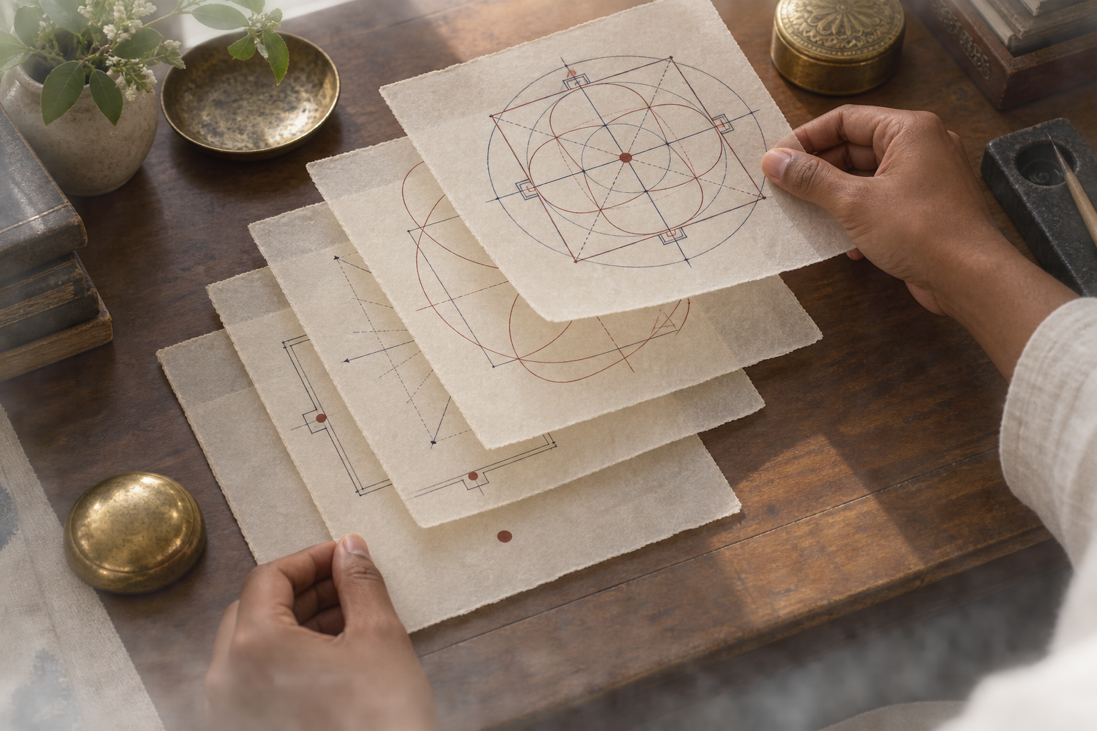 A pair of hands examines five offset translucent sheets that progressively reveal the centre, boundary, directions and curved paths of a geometric diagram.
