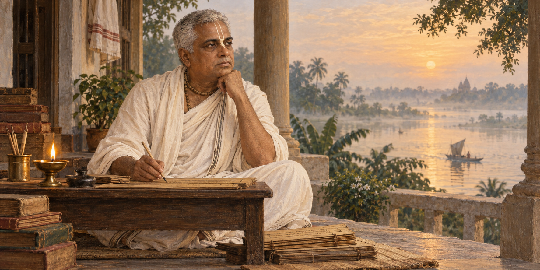 Editorial illustration of Srila Bhaktivinoda Thakura seated beside books and an oil lamp on a Bengali veranda at dawn.
