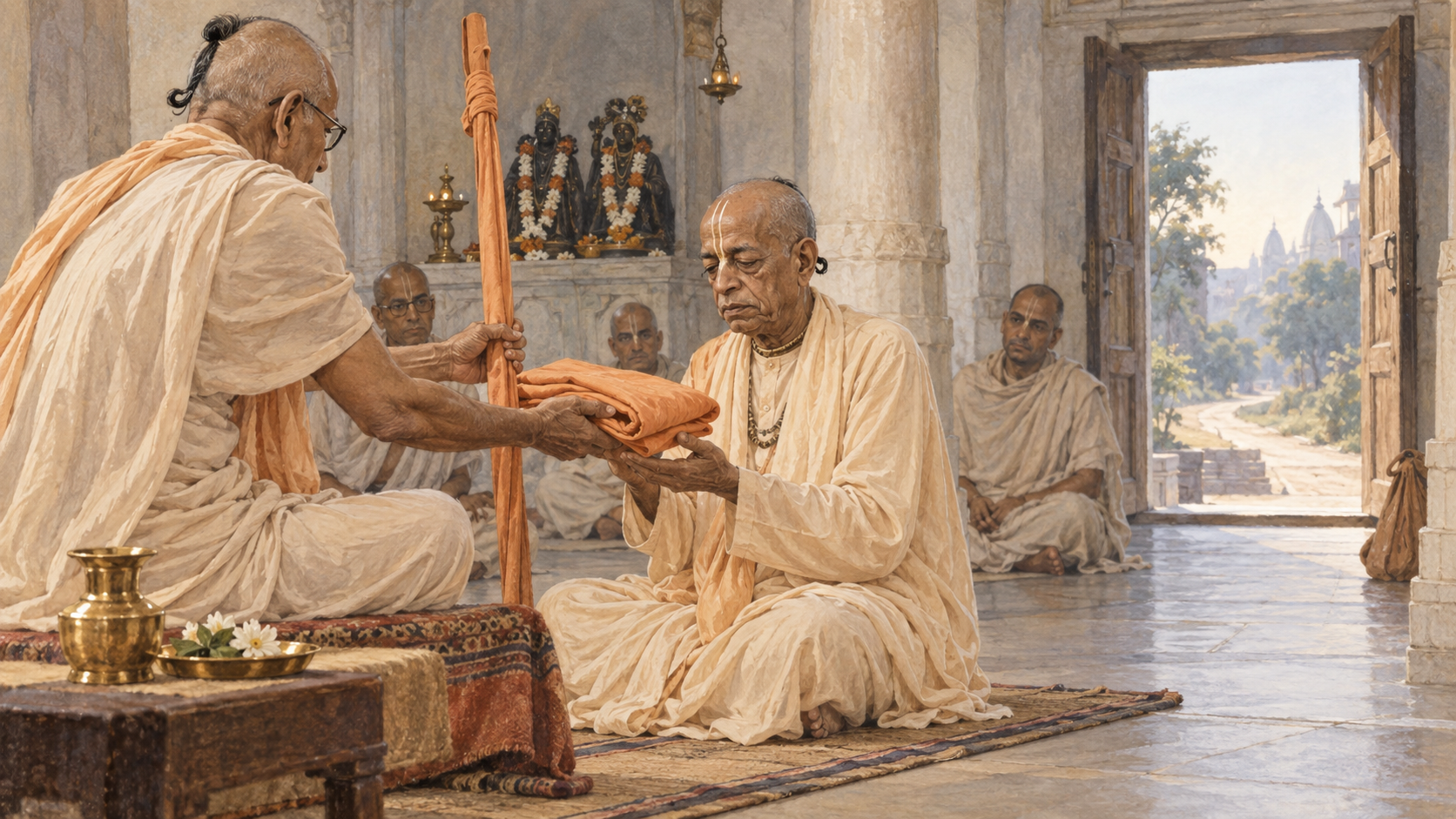 An elderly Indian Vaishnava devotee receives saffron cloth and a wooden renunciant staff from a senior monk in a modest temple hall.