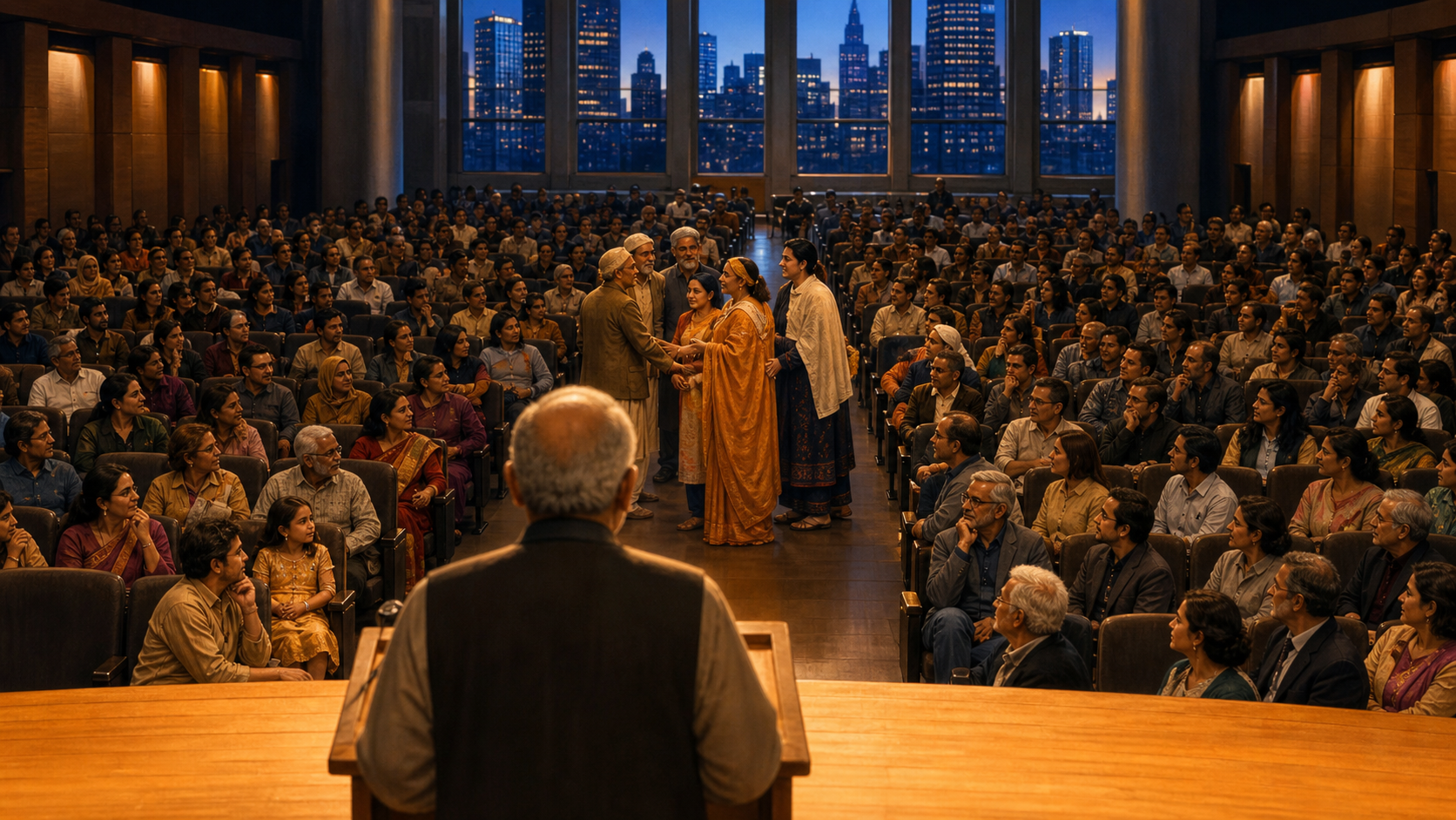 A speaker viewed from behind addresses a diverse Indian American audience in a New York auditorium as Hindu and Muslim attendees greet one another in the aisle.