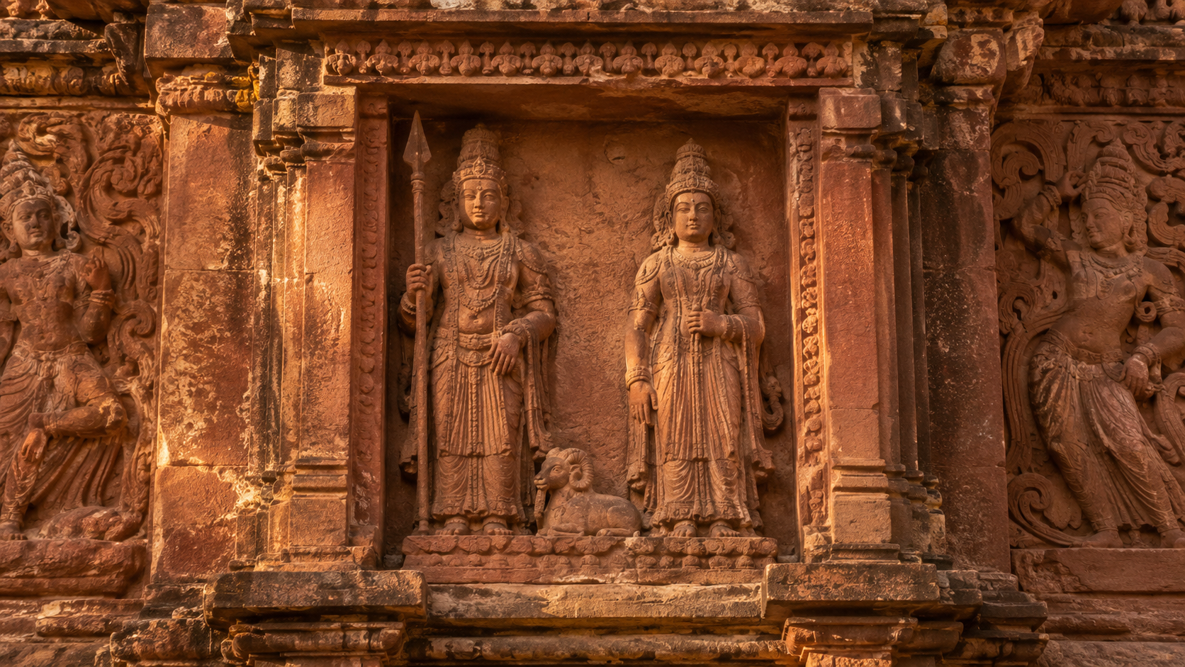 Weathered sandstone temple relief showing a spear-bearing male planetary deity beside a feminine figure, with a small ram carved near their shared pedestal.