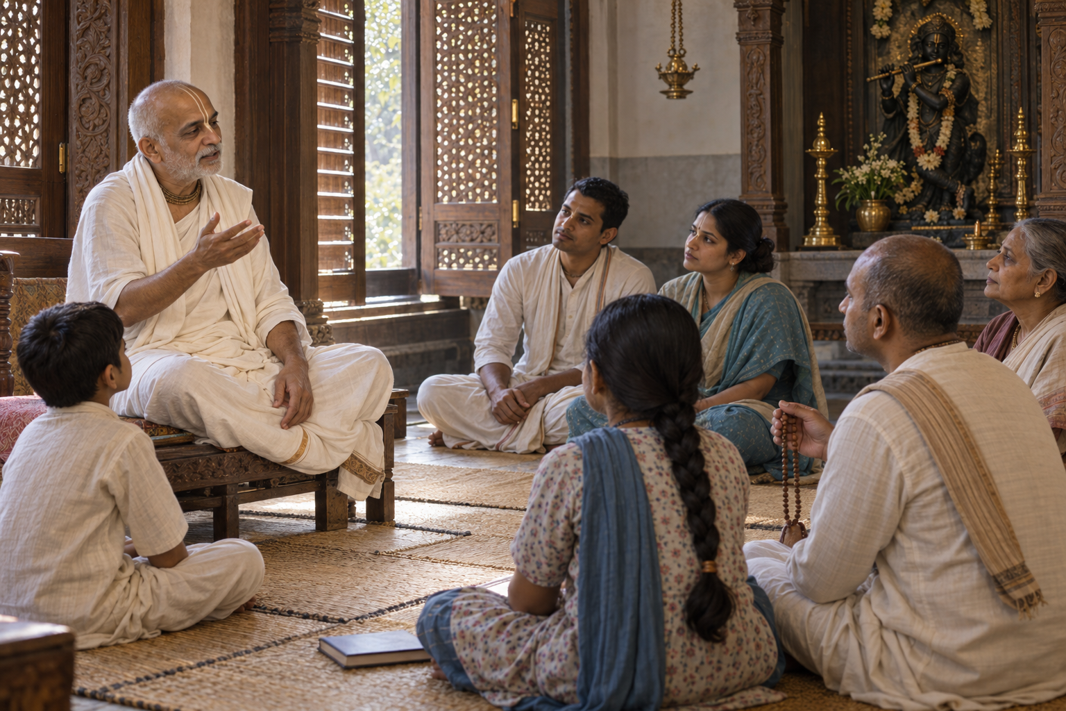 A small group of Vaishnavas seated on woven mats listens attentively to an elder speaking in a traditional temple hall.