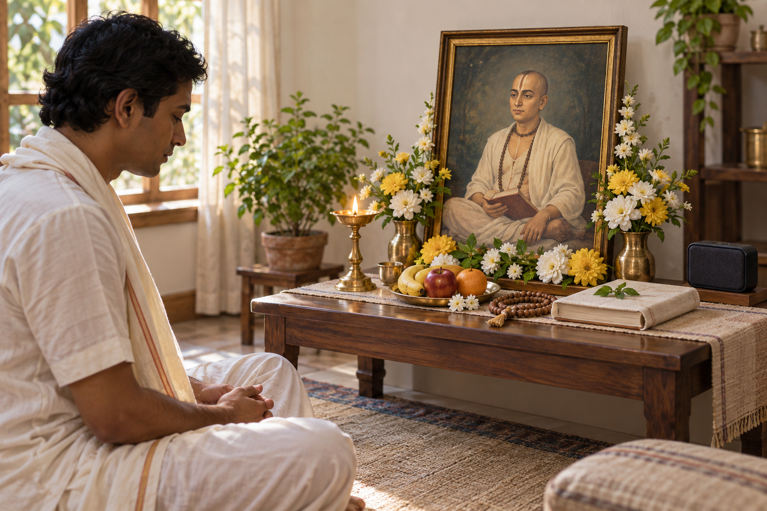 A devotee sits beside a simple home shrine with a teacher's portrait, flowers, an oil lamp, prayer beads, scripture, and fruit.