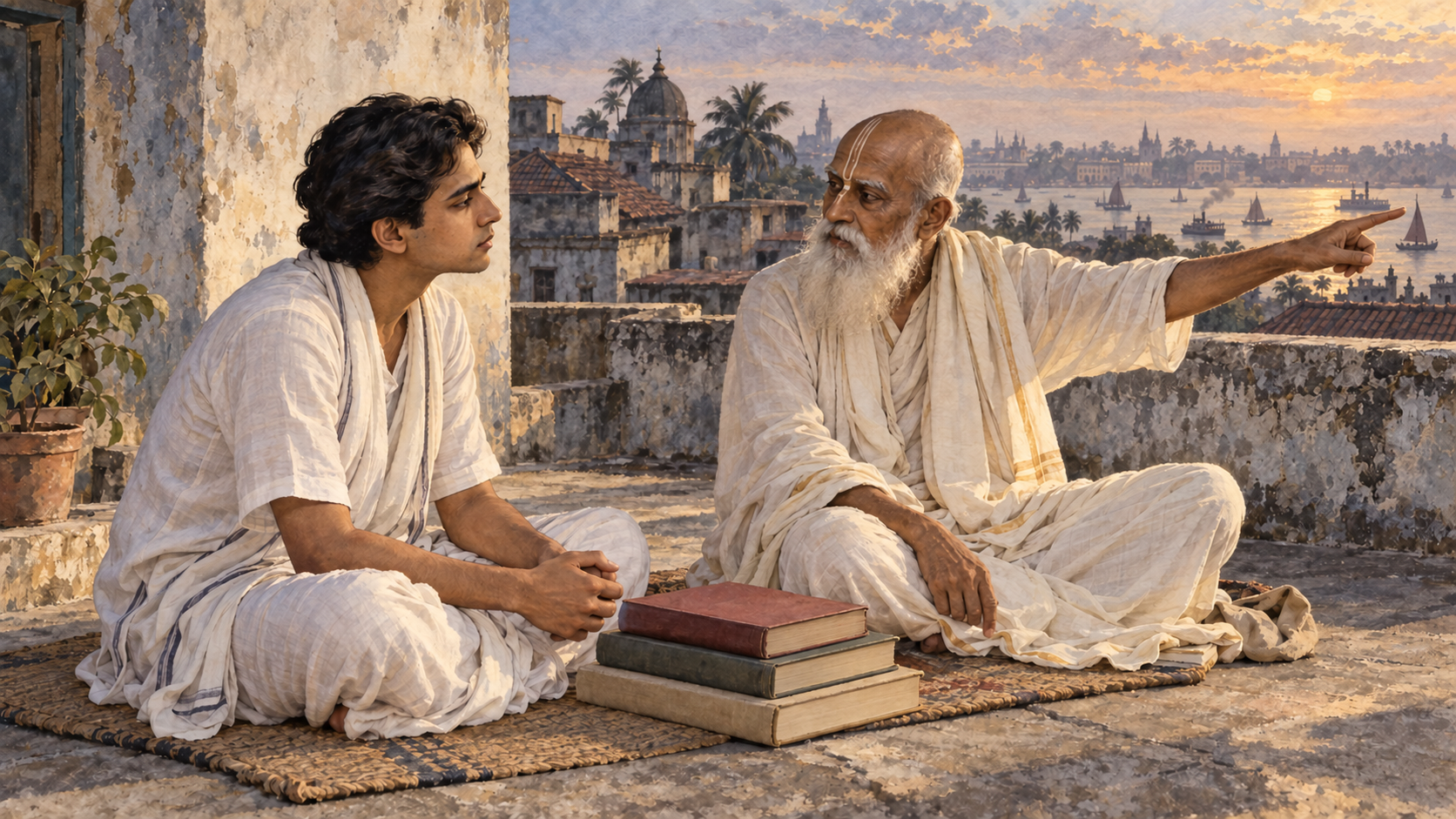 A young Bengali householder devotee listens to an elder Vaishnava teacher during a rooftop meeting in early twentieth-century Calcutta.