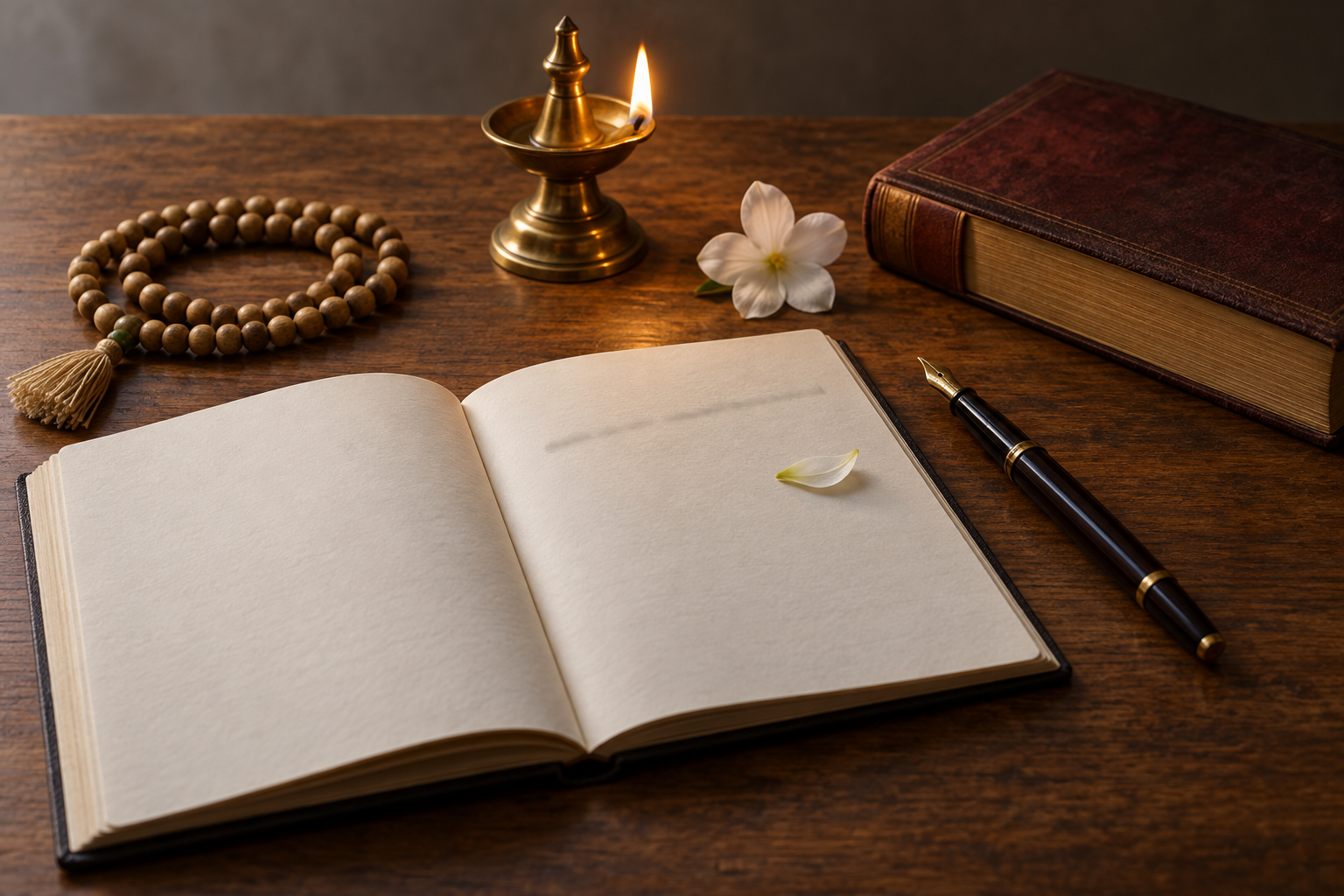 An open notebook, pen, prayer beads, brass lamp, flower, and closed scripture rest on a wooden desk in warm light.