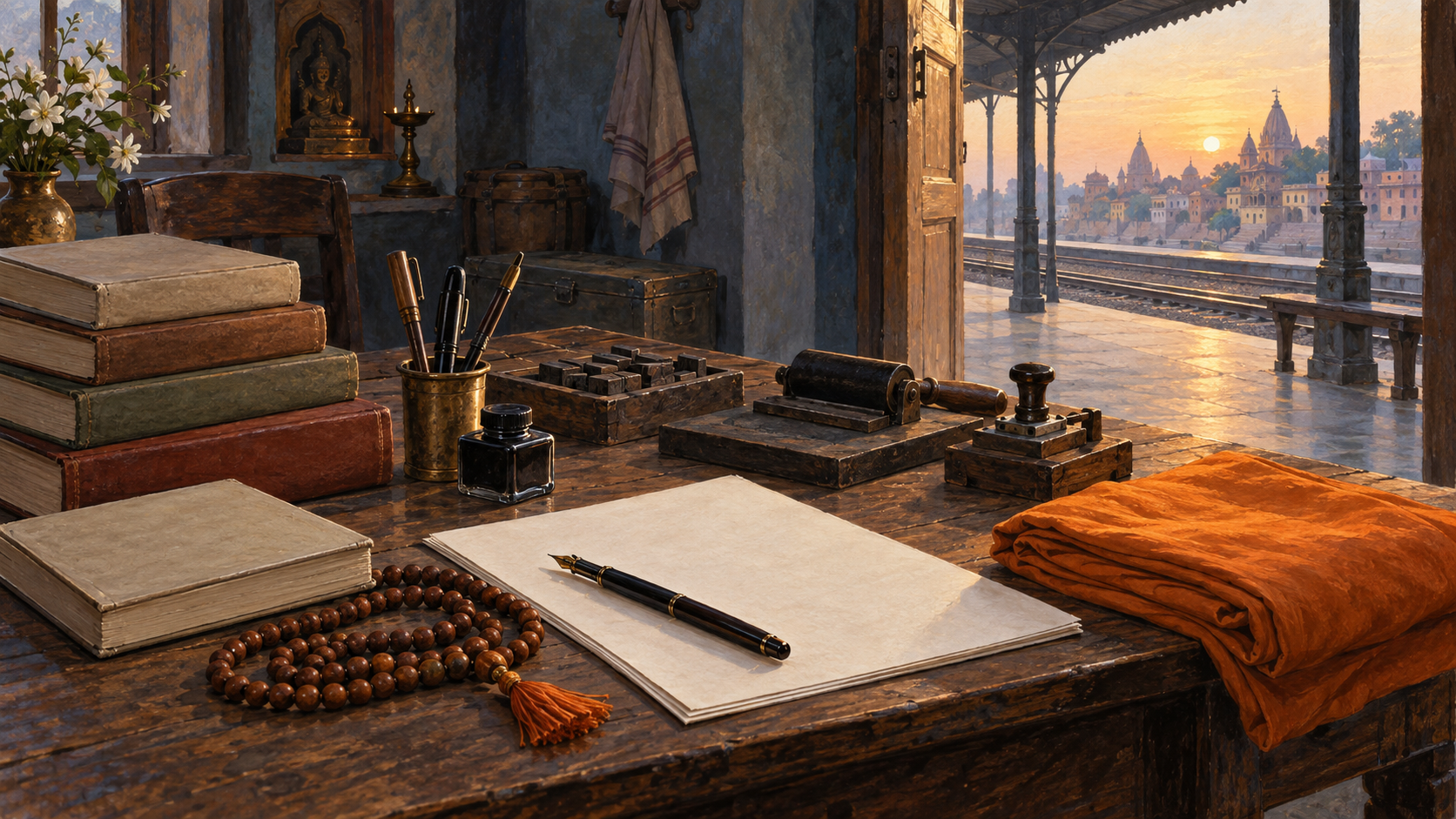 Devotional books, prayer beads, writing and printing tools, and folded saffron cloth lie on a desk beside an open doorway overlooking a railway platform.