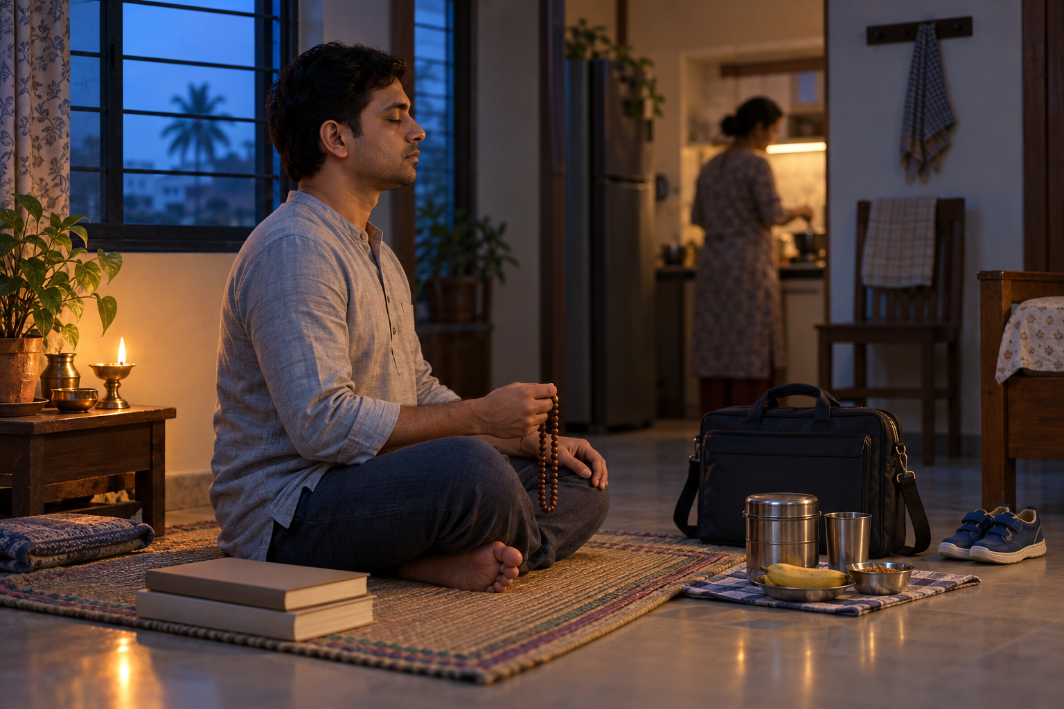 A householder meditates with prayer beads before dawn while work and family items are arranged nearby in a modest home.