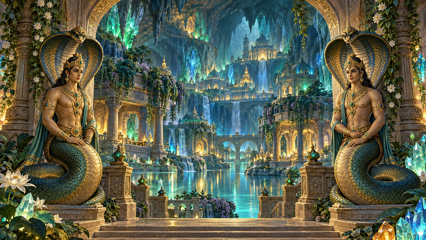 Two calm naga guardians stand at the entrance to a luminous subterranean realm of jeweled palaces, pools, terraces, and flowering plants.