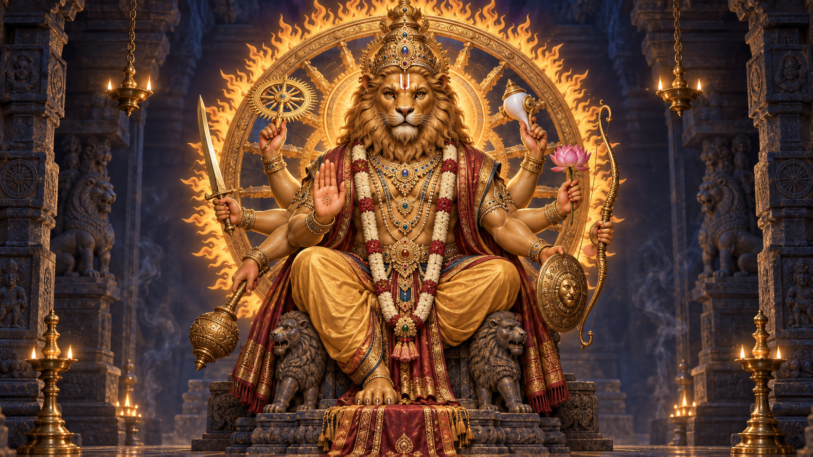 A multi-armed, lion-faced sacred figure stands within a flaming circular halo in a lamp-lit stone sanctuary, holding several protective emblems in a symmetrical arrangement.