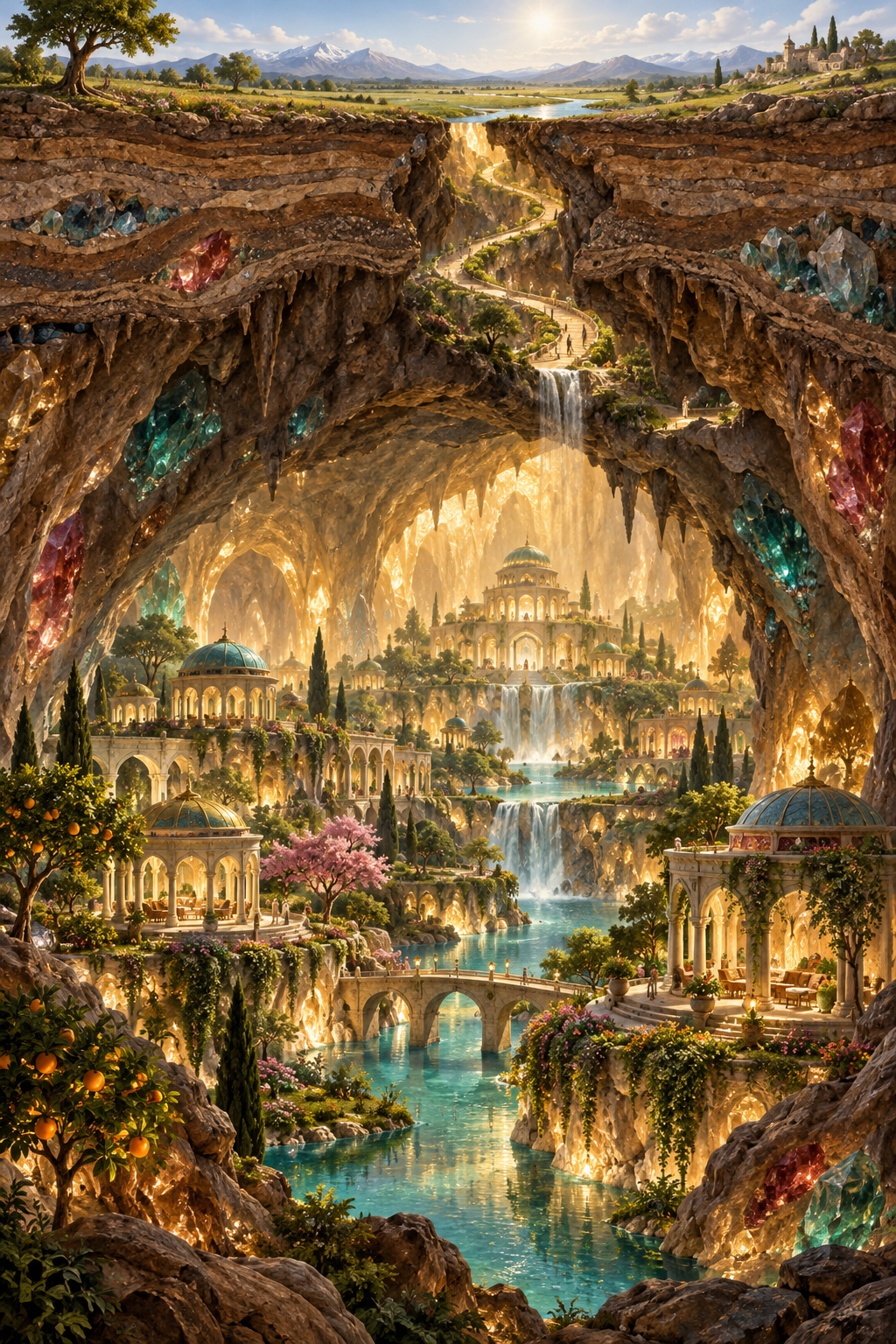 A cutaway view places a bright garden city in a vast cavern beneath a sunlit earthly landscape, connected by a winding passage.