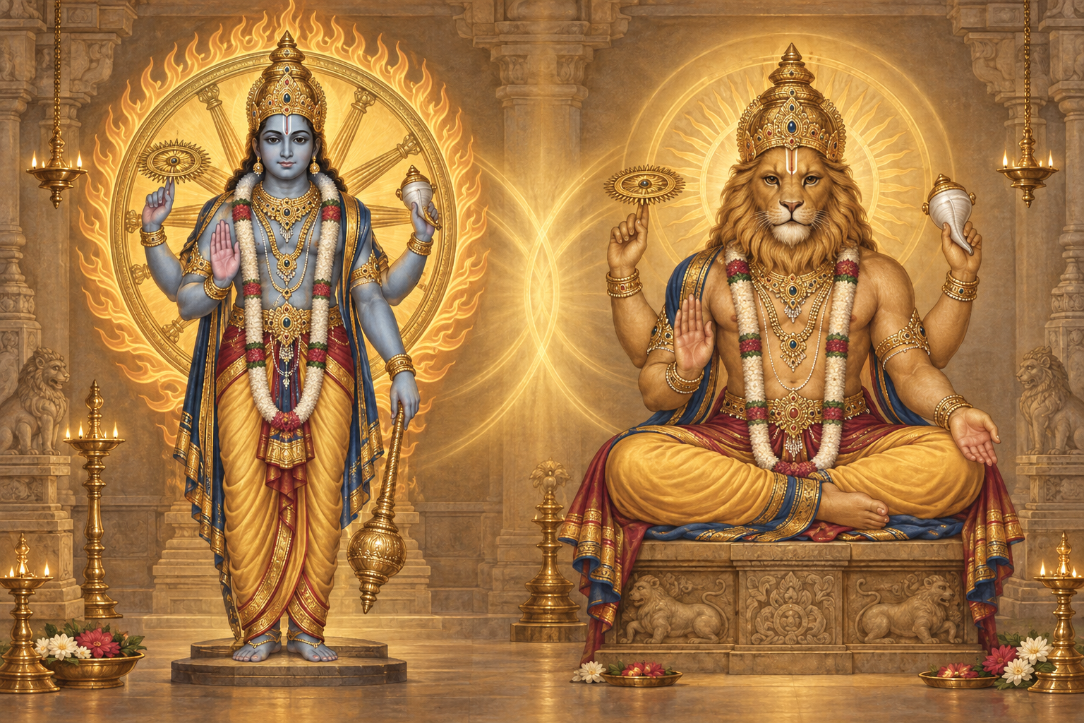Two sacred figures appear side by side: a crowned guardian before a radiant wheel on the left and a seated lion-faced Narasimha on the right, joined by overlapping golden light.