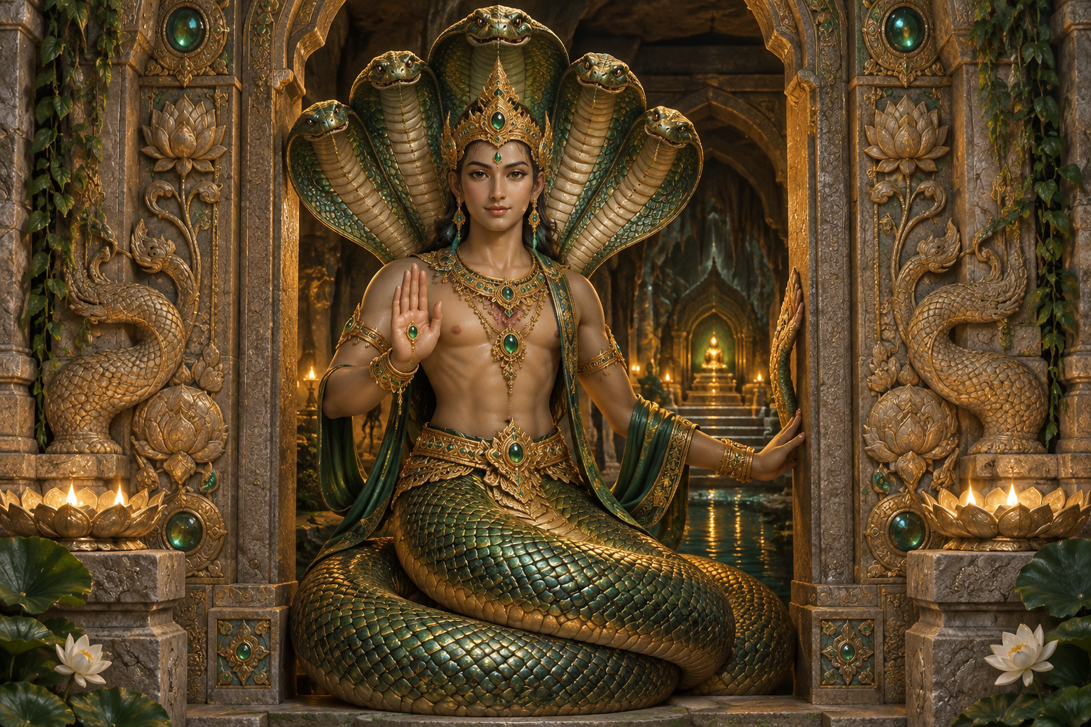 A dignified naga with a human torso, coiled serpent body, and multiple cobra hoods guards a carved sanctuary entrance with one hand raised protectively.