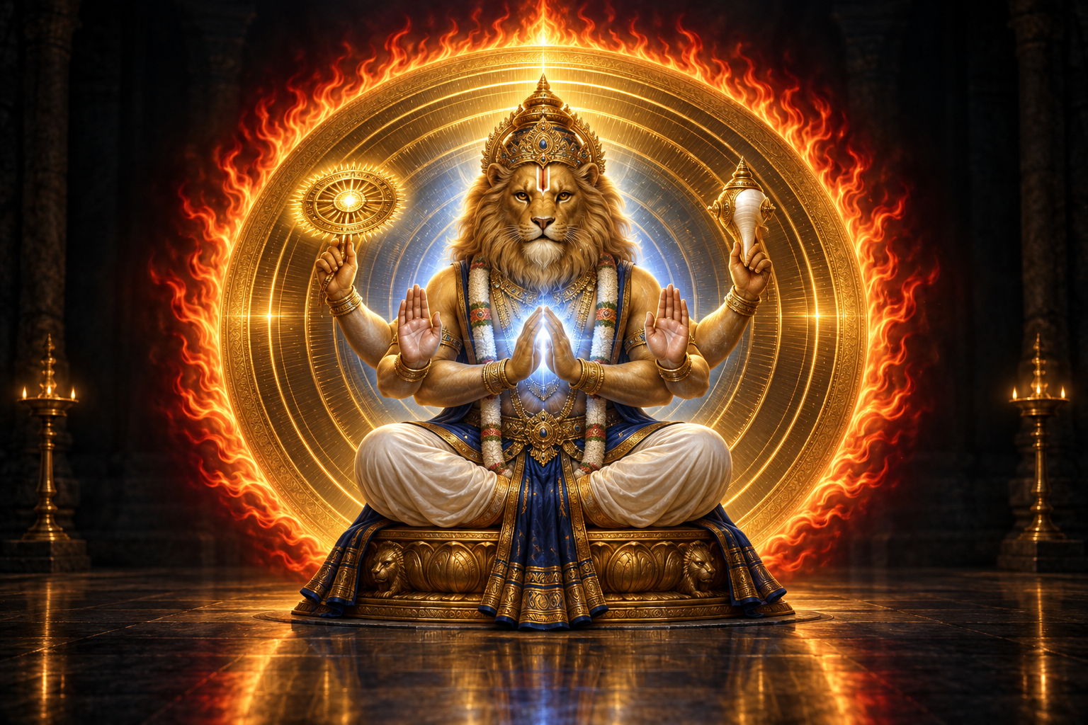 A calm lion-faced, multi-armed divine figure is surrounded by concentric golden rings and an outer circle of controlled flames in a dark temple interior.