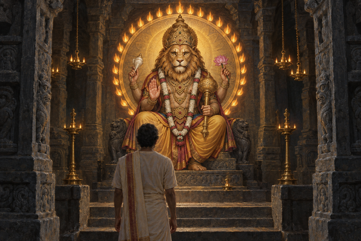 An observer faces a lion-headed sacred figure whose body, ritual objects, radiant wheel, and flame halo form distinct nested visual layers inside a stone shrine.