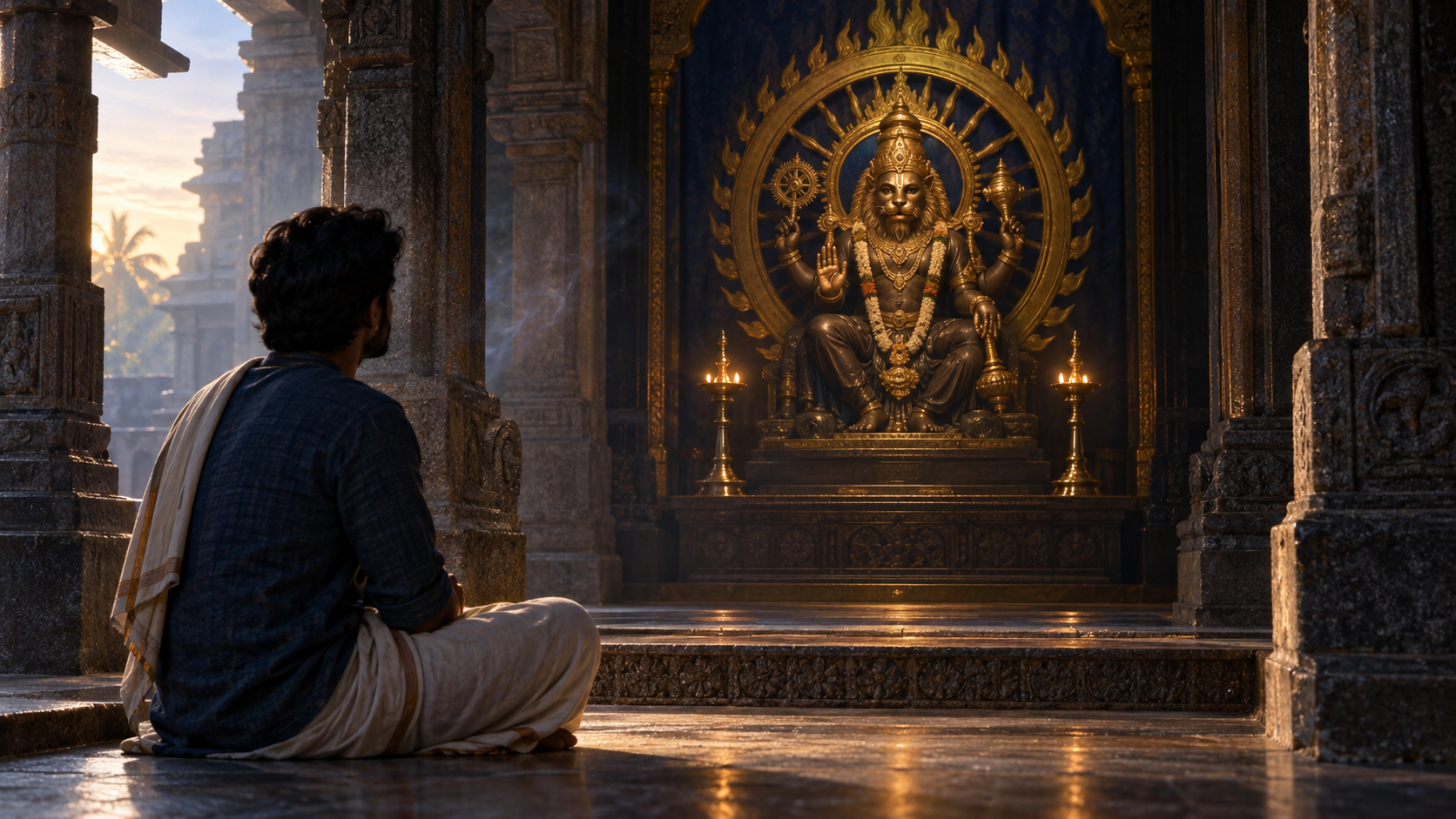 A seated visitor quietly looks toward a lamp-lit lion-faced, multi-armed icon encircled by a radiant wheel in a stone temple at dawn.