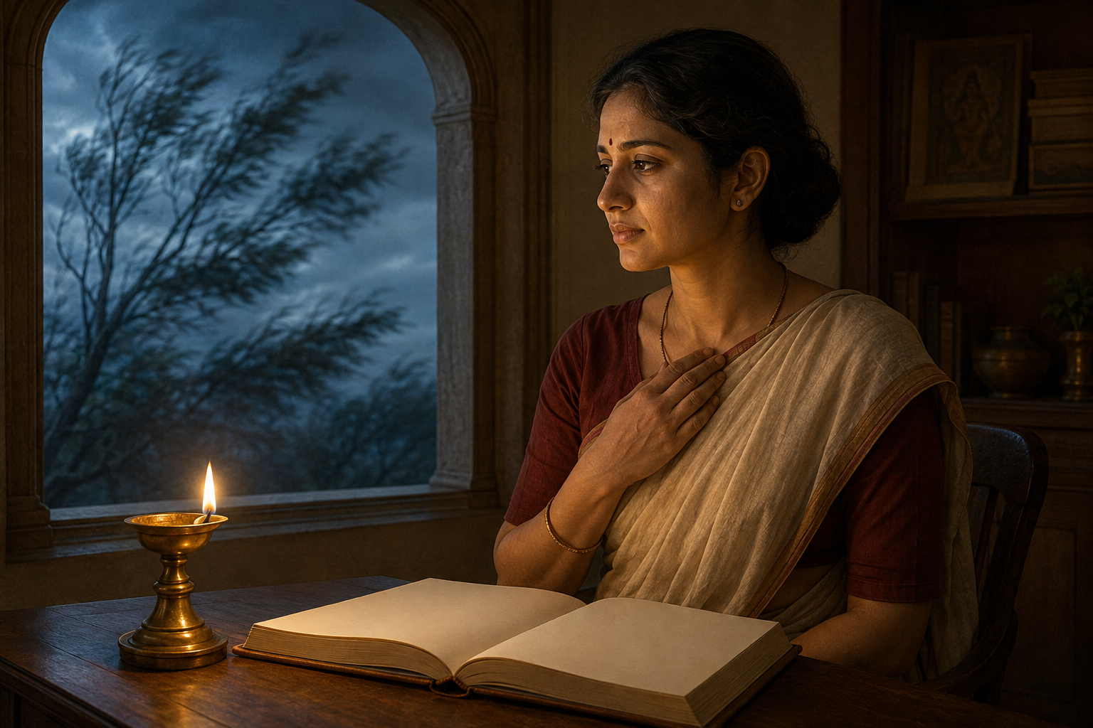 A thoughtful woman sits beside an unmarked manuscript and a steady oil lamp while wind moves tree branches outside the window.