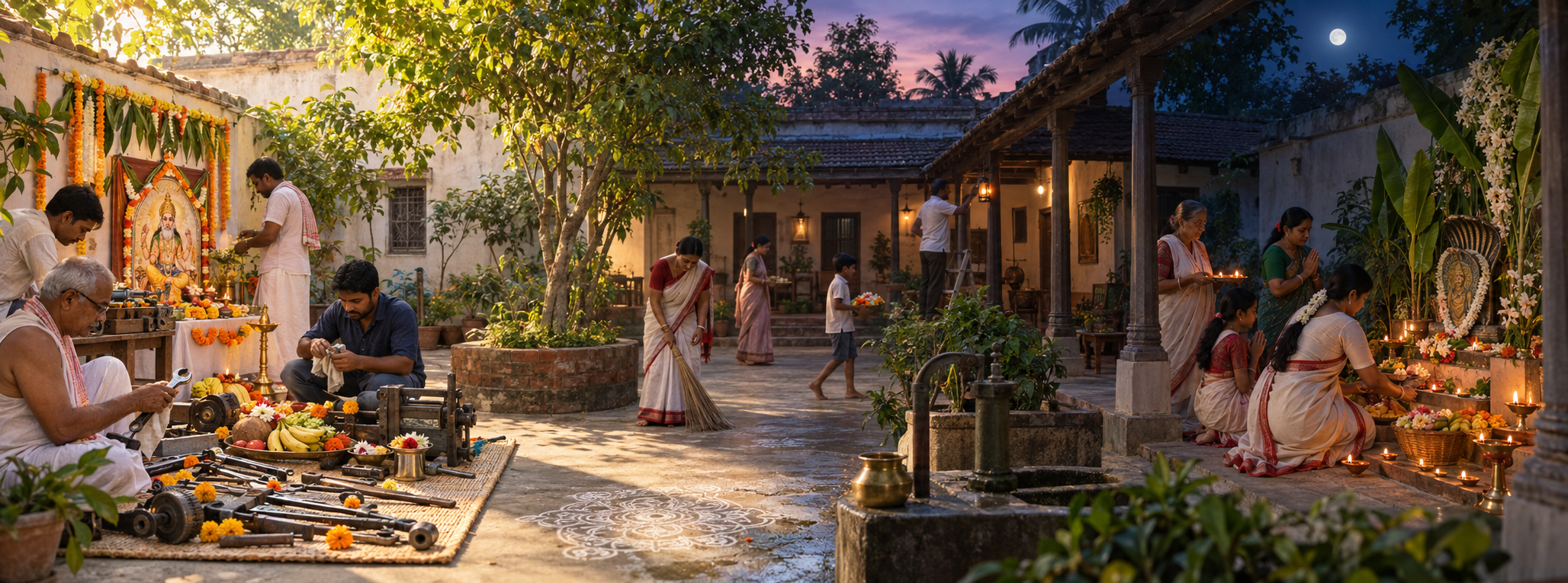 A Bengali courtyard changes from daytime Visvakarma worship with tools and offerings to an evening Manasa worship gathering lit by earthen lamps.