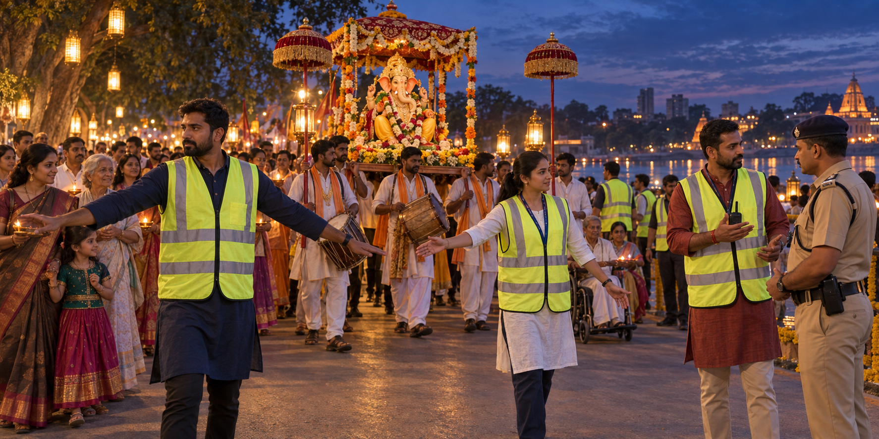 Hindu festival volunteers maintain a safety corridor around devotees and a flower-adorned murti while a coordinator speaks with a civic official at dusk.