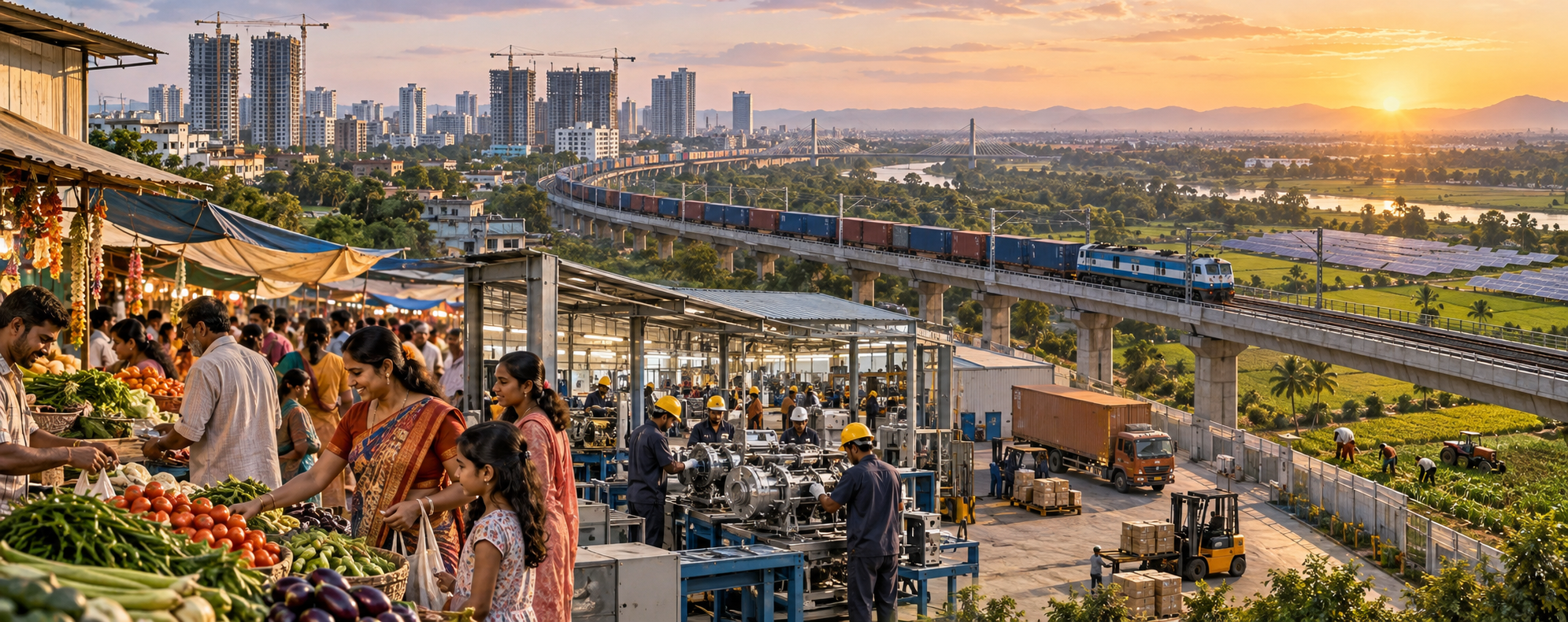 An Indian market, factory, freight train, construction cranes, solar panels, and farmland shown together at sunrise.