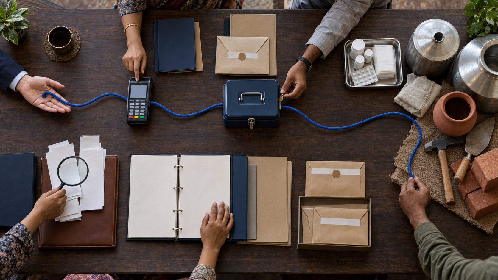 Overhead view of South Asian hands checking a cord-linked trail of funding records, controls, and community project supplies on a table.