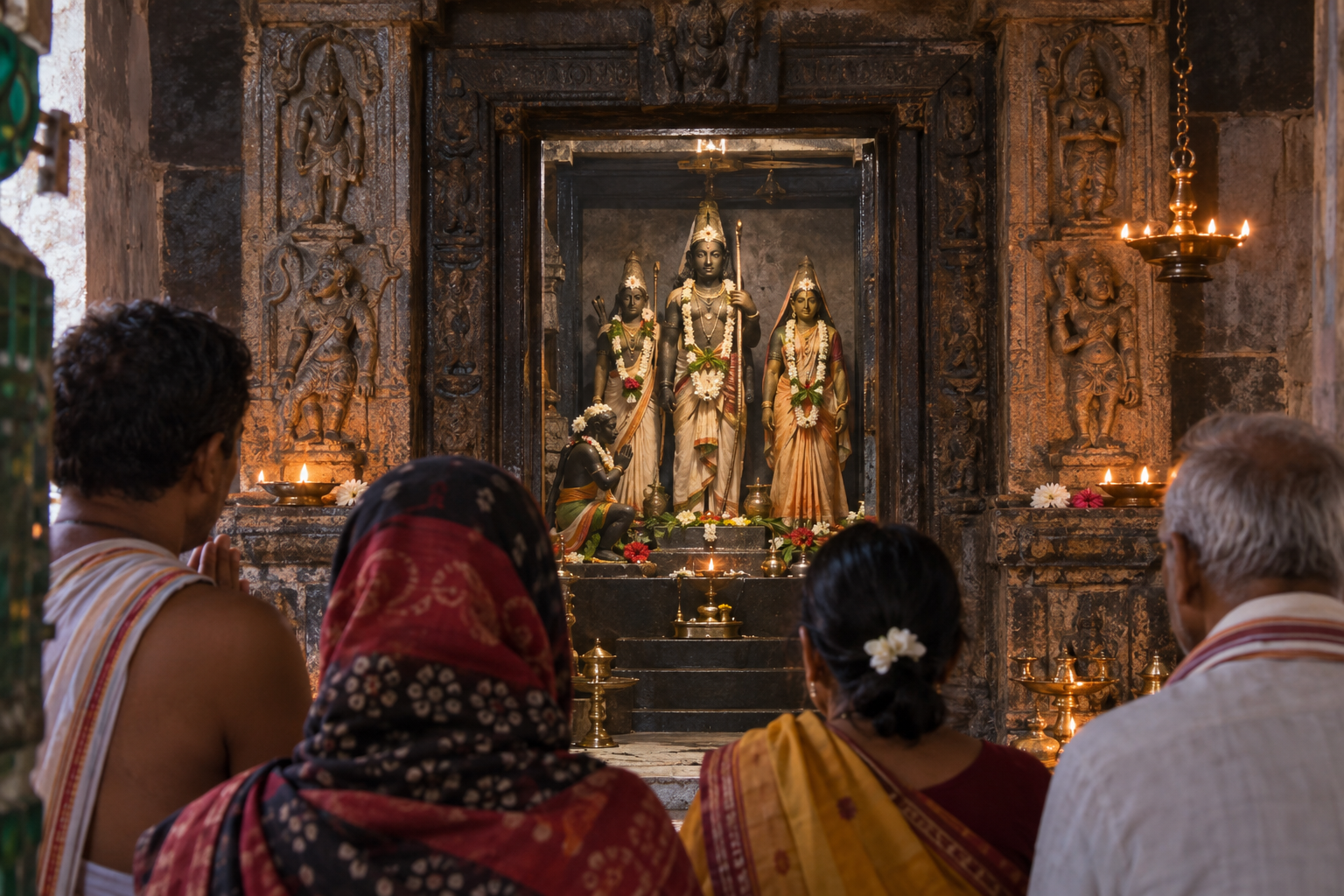 Devotees stand before an oil-lamp-lit shrine of Rama in forest-exile form inside an Odishan temple.