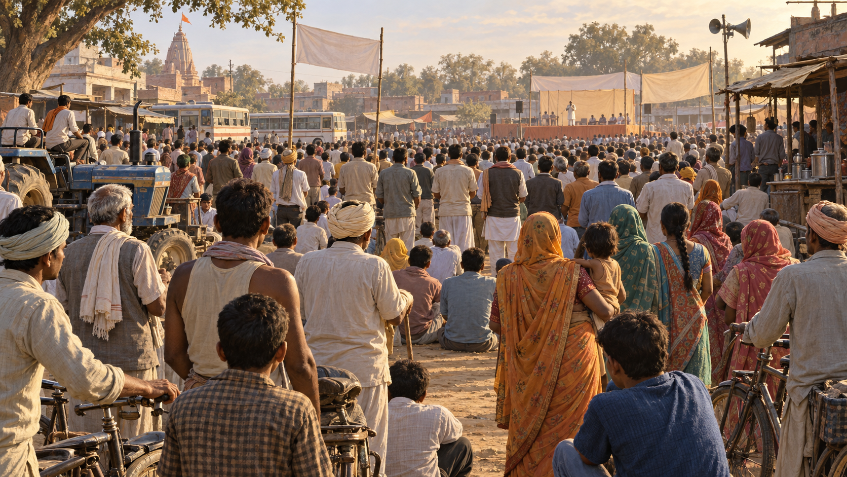 A diverse crowd of farmers, workers, traders, women, and young people gathers for an early-1990s political meeting in a Uttar Pradesh town.