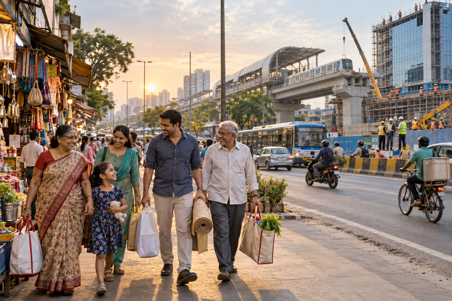 A family shops at a busy Indian market near workers building a metro station and modern commercial complex.