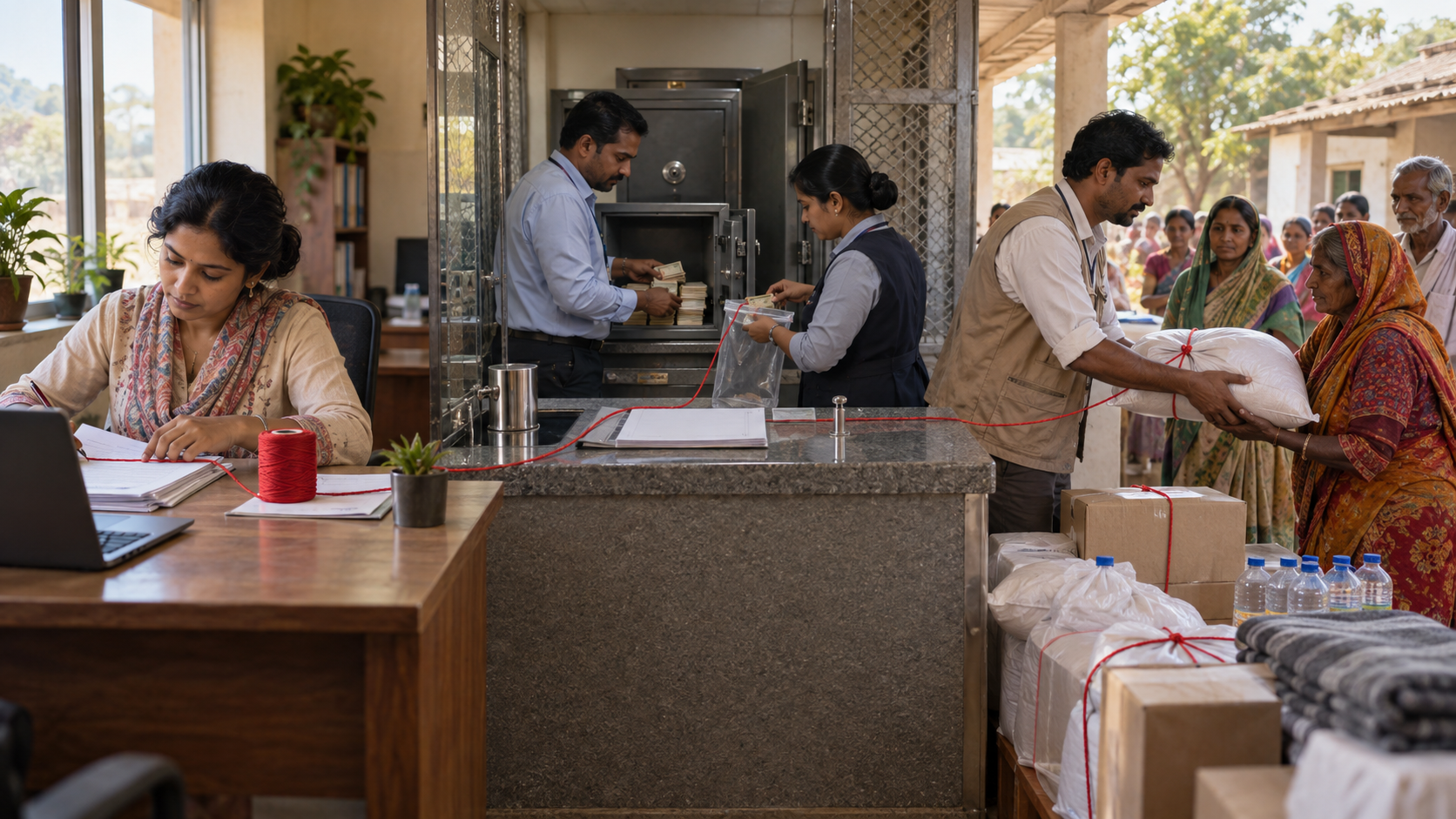 A continuous scene follows a colored thread from a donor office through banking controls to supplies delivered at a South Asian community center.