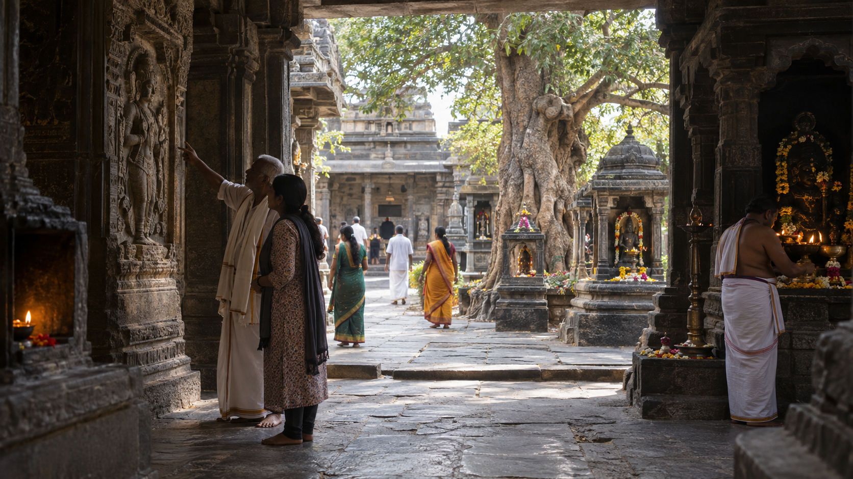 Several generations move through a lived-in temple courtyard with worn stone thresholds, carved pillars, small shrines, a sacred tree and oil lamps.